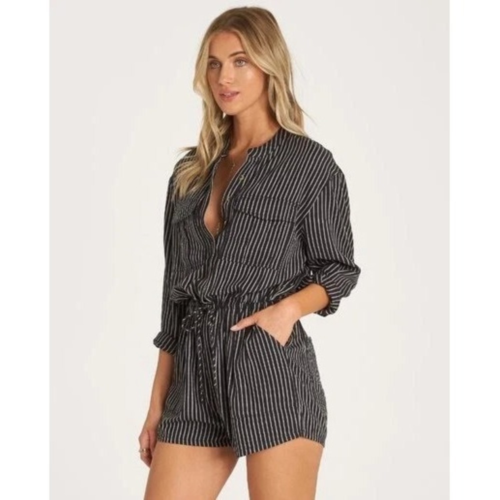 Billabong Wake the Night Romper Women's Black White Striped Button Front - XS